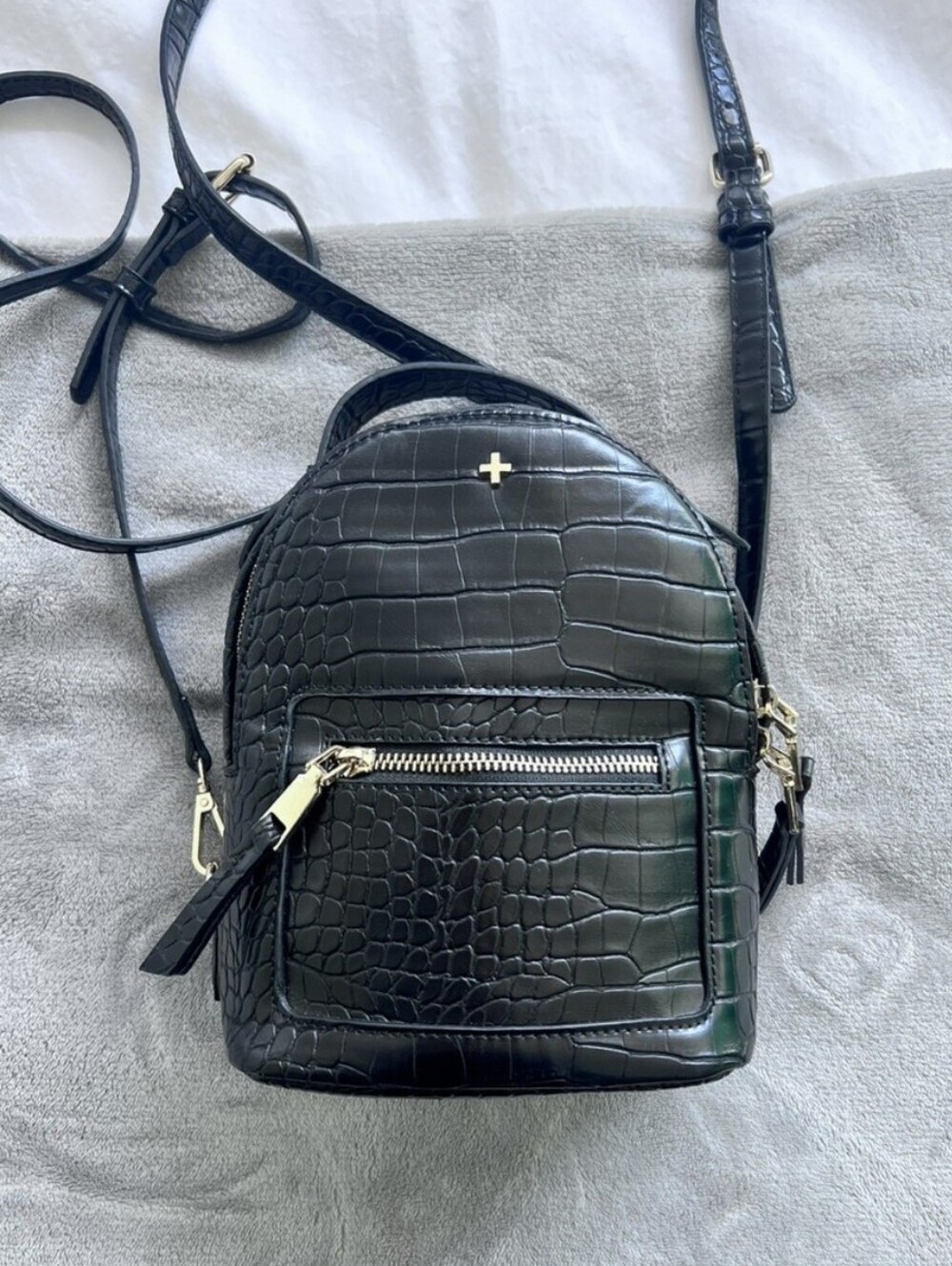 Peta + Jain Black Croc-Embossed Mini Backpack with Gold Hardware